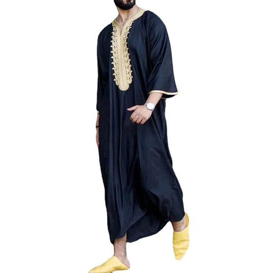 Men Muslim Summer Fashion Loose Robe Islam Kaftan Men Clothing Dubai Luxury Muslim Abaya Muslim V-neck Short Sleeve Printing - AIAZ