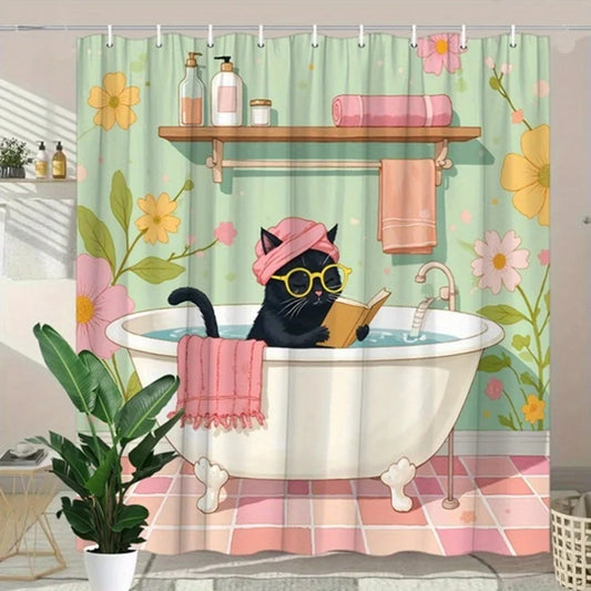 Adorable Cat in Bathtub Shower Curtain - Water-Resistant Fabric for Bathroom - Ideal for Whimsical and Pet Lovers