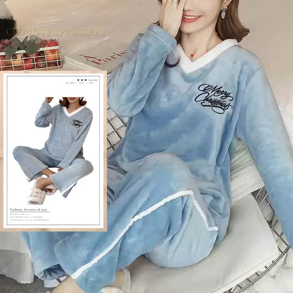 Autumn Winter Flannel Women's Pajamas Sets Polka Dots Printed Teddy Sleepwear Velvet Homewear Kawaii Girsl Pijamas Mujer Pyjama - AIAZ
