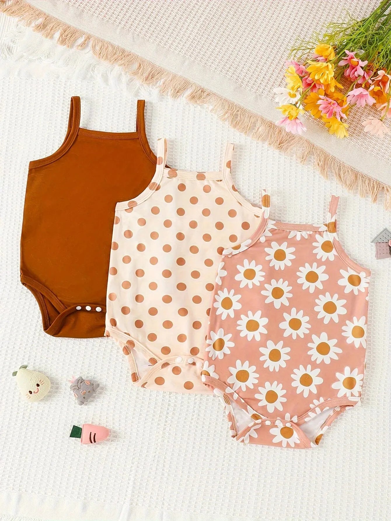 3Pairs/Lot Summer Baby Girl Newborn Baby Sling Onesie 3 Pieces Cute Polka Dot Flower Pattern Cool Breathable Comfortable Onesie
