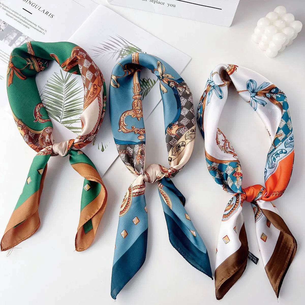 70x70cm Fashionable Korean Style Silk Square Scarf Satin Print Hairband Necktie Hair Accessory Headscarf Versatile Wrap Scarf - AIAZ