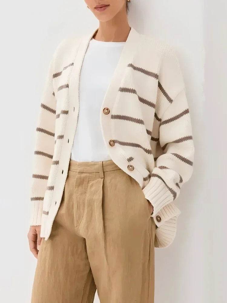 Striped Knitted Cardigan for Women European and American Style New Autumn and Winter 2025 V-Neck Long Sleeve Cardigan Sweater - AIAZ