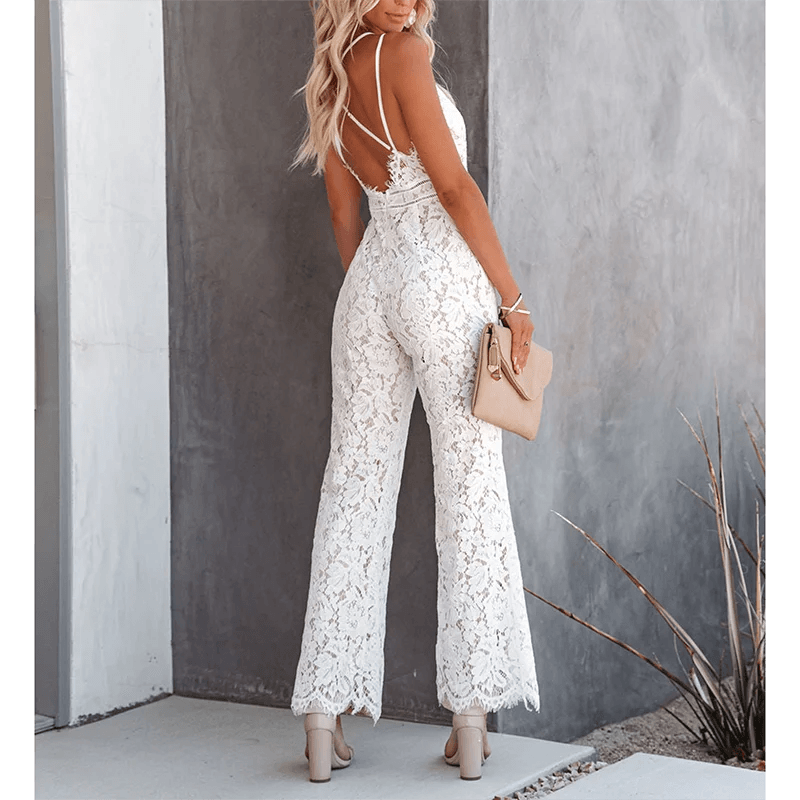 Women's Clothing Elegant Jumpsuit, Spaghetti Straps V Neck Solid Color Lace Open Back Wide-leg Jumpsuits Long Playsuit - AIAZ