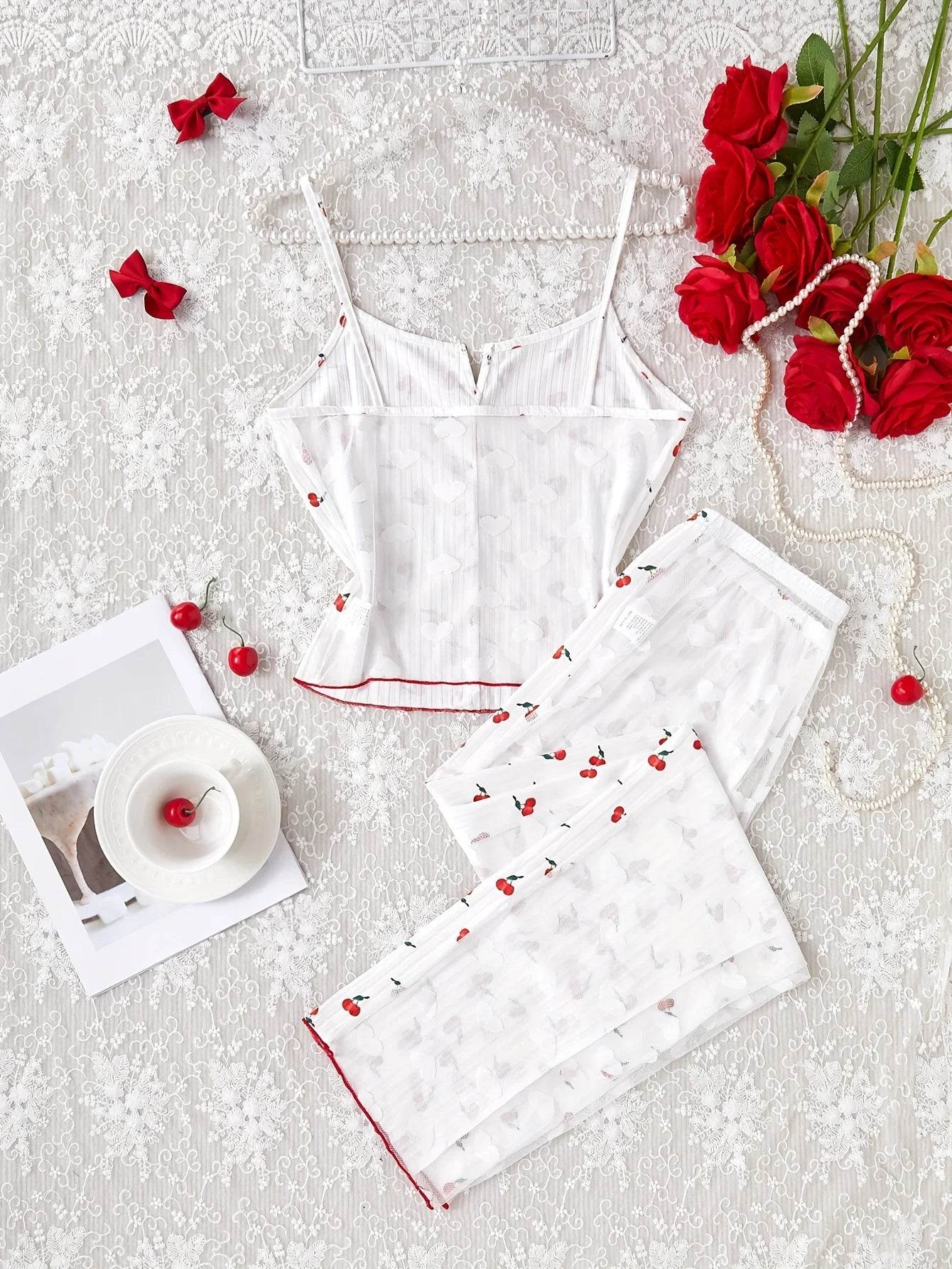 Women's Pajamas Set V-Neck Sleeveless Camisole Vest Cherry Printed Knitted Splicing Mesh Pants Sexy Home Pijama 2 Piece Woman - AIAZ