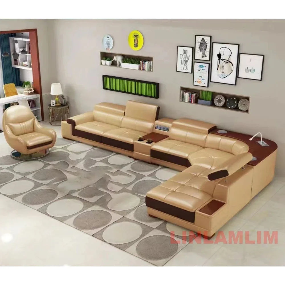 MINGDIBAO Modern Minimalist Genuine Leather Sectional Sofa with Console, Storage and Speaker Italian Leather Living Room Couch