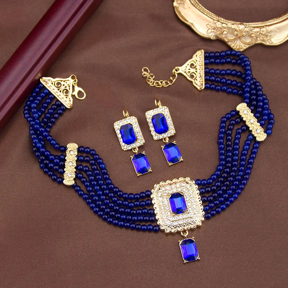 Neovisson Elegent Morocco Jewelry Set Delicate Handmade Beads Necklace Drop Earring Square Crystal Pendant Love Gift