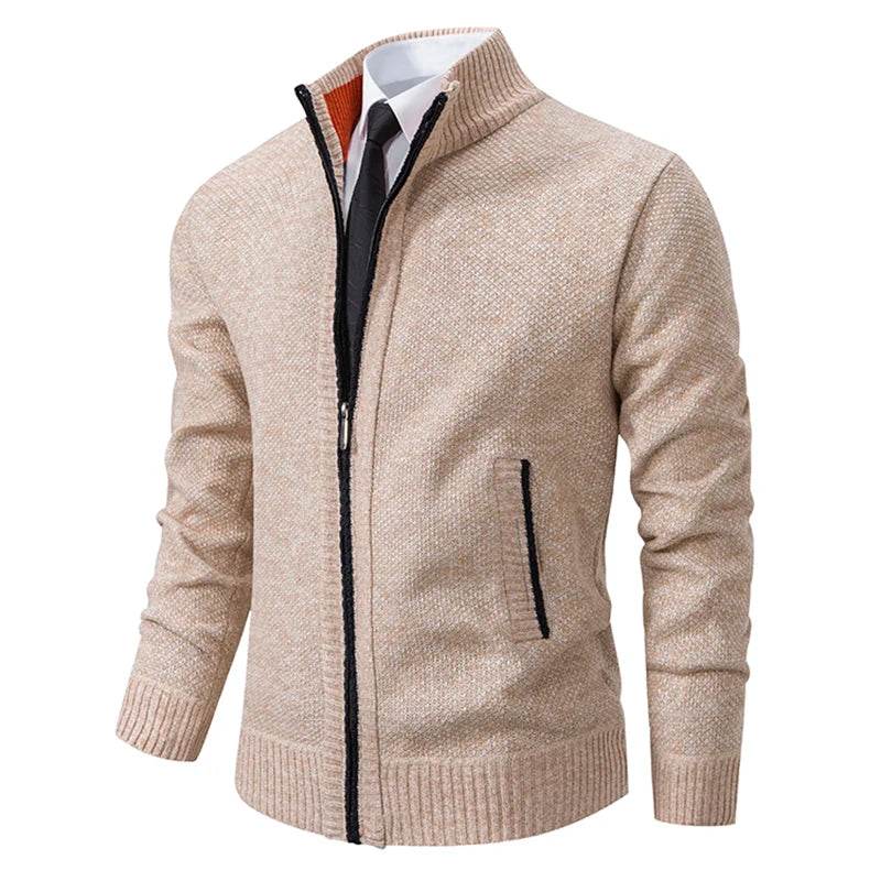 Autumn And Winter New Jersey Men's Casual Sports Coat Solid Color Stand Collar Wweater Grab Fleece Warm Zipper Cardigan - AIAZ