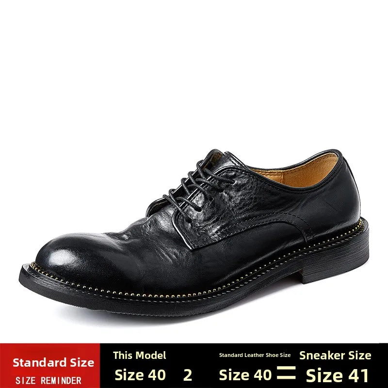 Bambi Deloren Handmade Leather  oes Men's Casual Briti Retro Busin oes Wear-Resistant Lace-Up round Toe Rubber ...