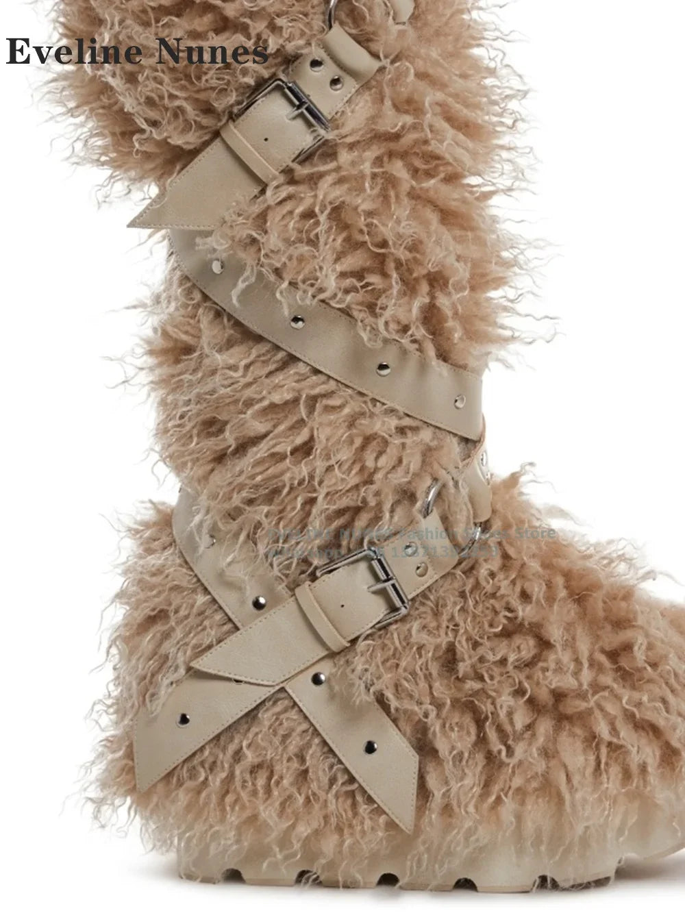 Wild Instincts Faux Fur Boots Belt Buckle White Studded Rivet Ankle Wrap Women Sexy Knee High Boots Plush Warm Spicy Girl 2024