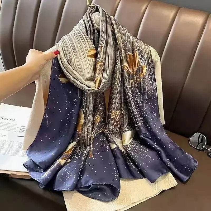 New Summer Women's Silk Scarf Sun Protection Satin Print Extra Long Beach Cover Up Decorative Mom's Shawl Fashionable Accessory - AIAZ