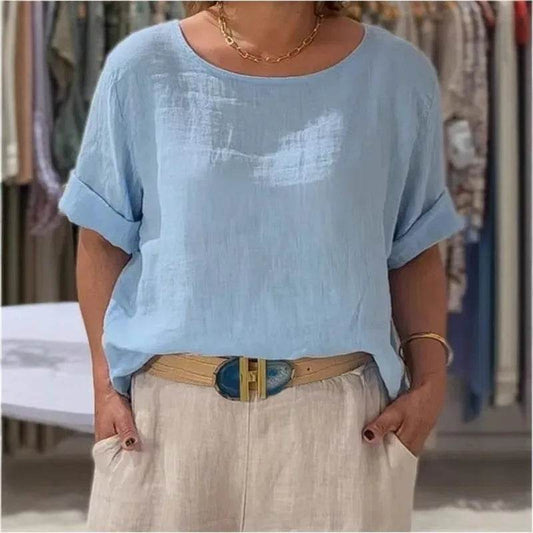 Women's Shirt Summer Fall New Solid Top Fashion Mid-sleeve O-neck Cotton Linen Button-up Casual Loose Shirts For Women Clothing - AIAZ