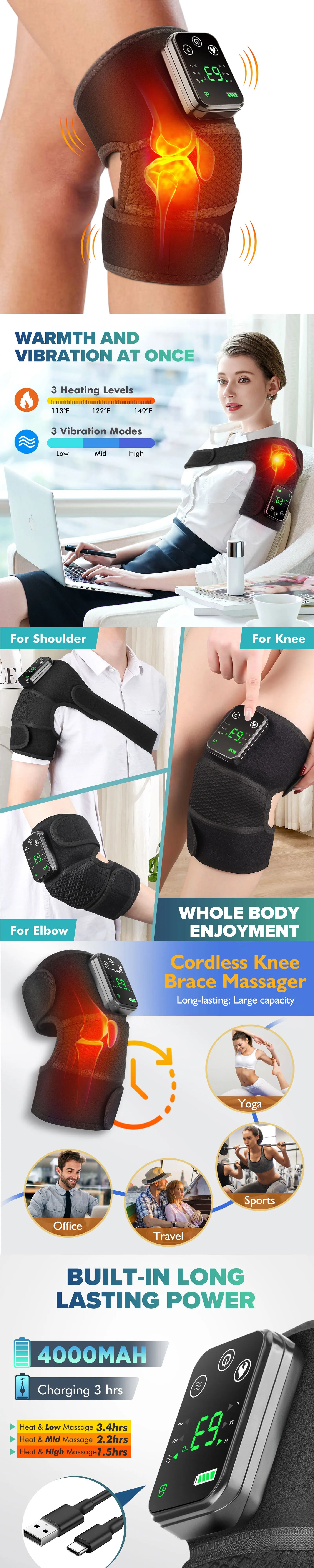 Electric Heated Vibration Knee Massage Pad 3 in 1 Massager for Shoulder Elbow Hot Compress Thermal Joint Brace Muscle Relaxation