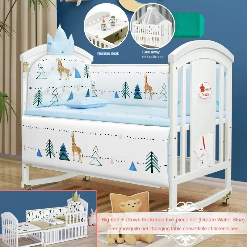 Solid wood spliced crib Multifunctional European style children's bed Movable newborn cradle large bed Baby Rest Chair