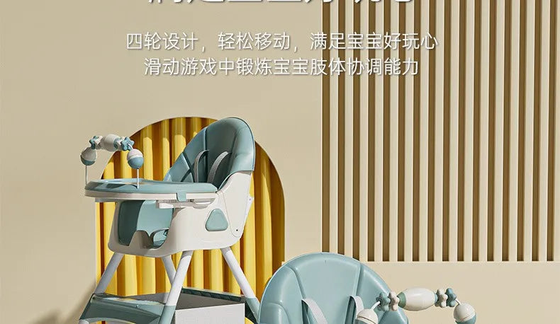 Portable Kids Dining Chair,Reinforced Steel Frame Non-Slip Base,Foldable with Wheels Adjustable Tray,Multi-Use Highchair