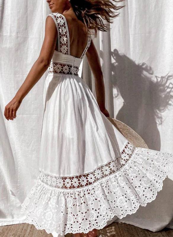 Women's Dress White Hollow Out Cotton Sundress Lace Sleeveless Long Splicing Summer Party Elegant Evening Woman Skirt Clothing - AIAZ