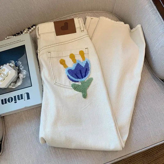 White Jeans For Women Spring High Waist Fashion Flower Design Straight Denim Pants Chic Loose Wide Leg Casual Trousers - AIAZ