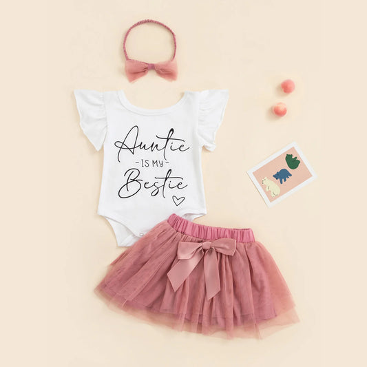 Citgeett Summer Infant Baby Girls Jumpsuit Set Letter Print Ruffle Sleeves Rompers and Mesh Skirt Headband Clothes