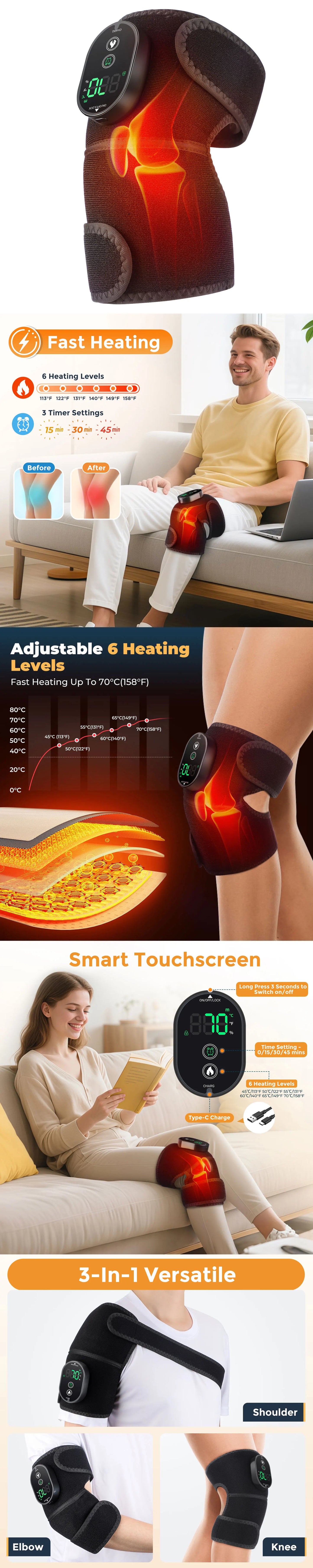 Electric Heated Vibration Knee Massage Pad 3 in 1 Massager for Shoulder Elbow Hot Compress Thermal Joint Brace Muscle Relaxation