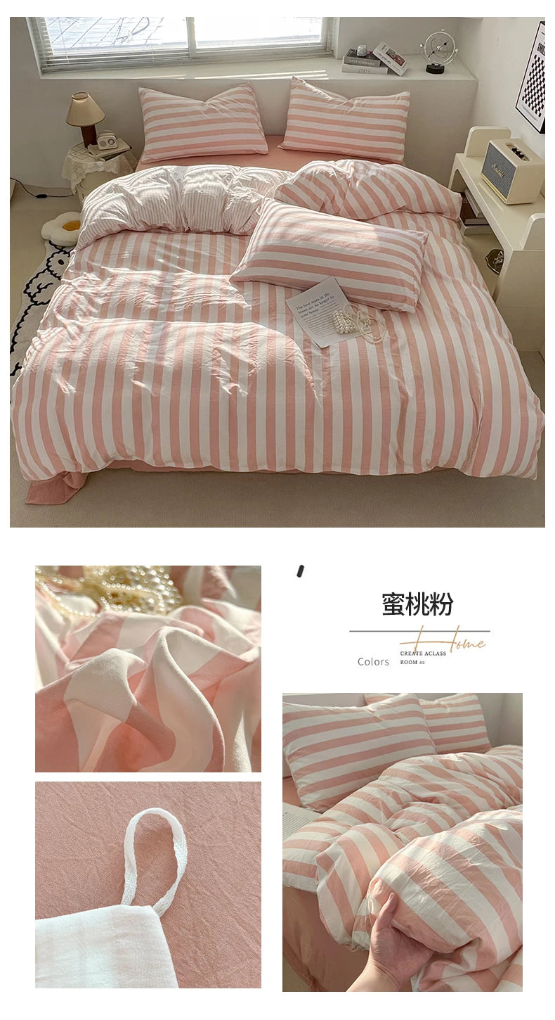 Washed Cotton Double Yarn Crepe Striped Quilt Set 3-4 Pillowcase with Sheet Bedding Cover Supplies 200x230 220x240 Skin Friendly
