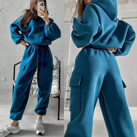 Hoodies Suit Winter Autumn Solid Casual Tracksuit Women Fleece 2 Pieces Set Sports Sweatshirts Pullover Jogger Sweatpants Outfit - AIAZ