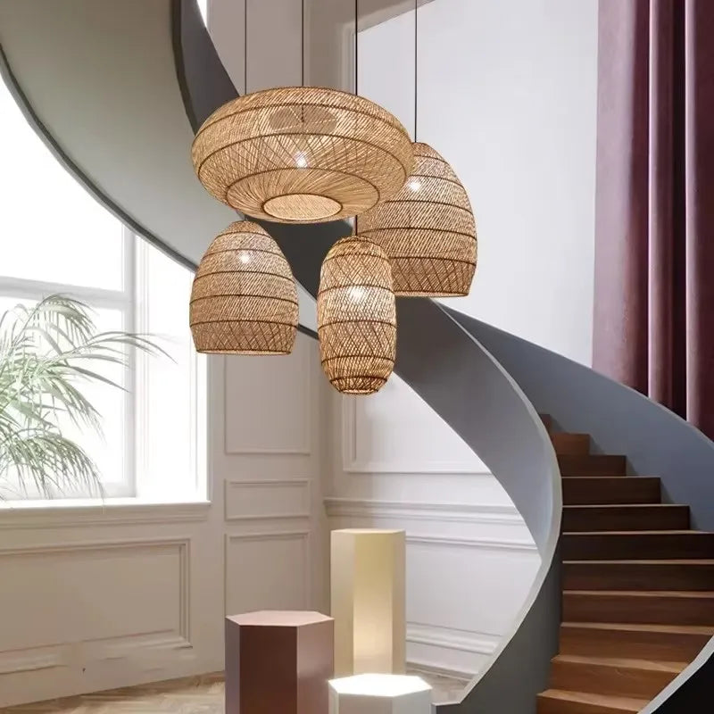 Japanese Style Wooden Woven Handmade Pendant Lights Restaurant Bedroom Study Room Chandelier Pastoral Rattan Tatami Chandeliers