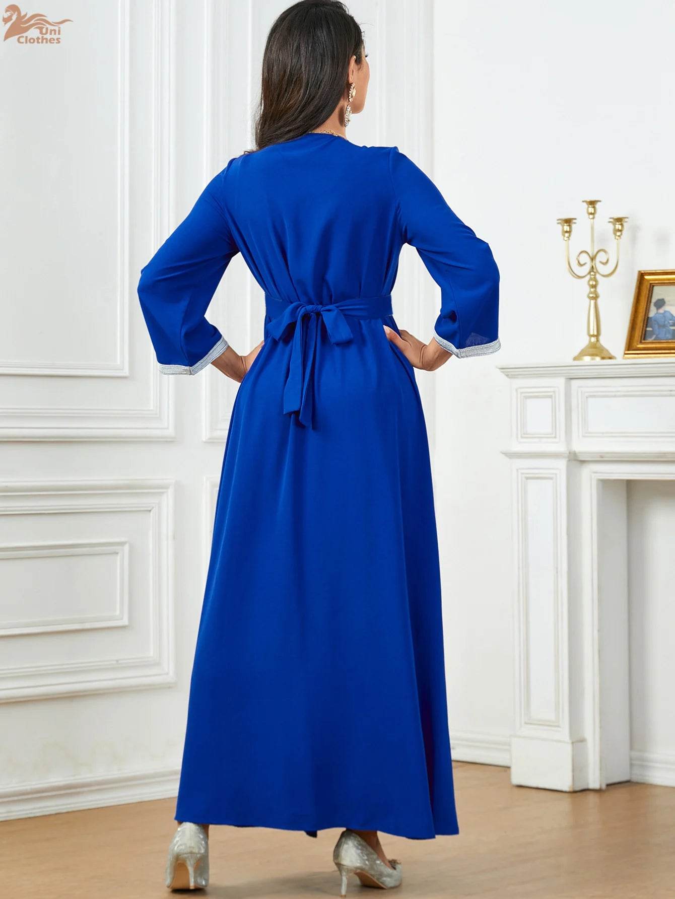 Muslim Fashion Beading Ebroidered Print V-neck long-sleeved Dress Moroccan Islamic Dress With Belt Elegant Party Dress - AIAZ