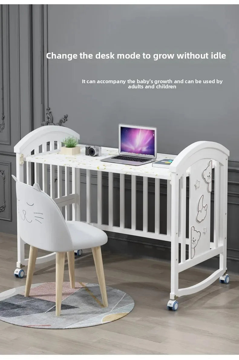 2025New Solid Wood Baby Crib Movable Splicing Bed Multifunctional Baby Rocking Bed Adjustable Guardrail Height with Mosquito Net