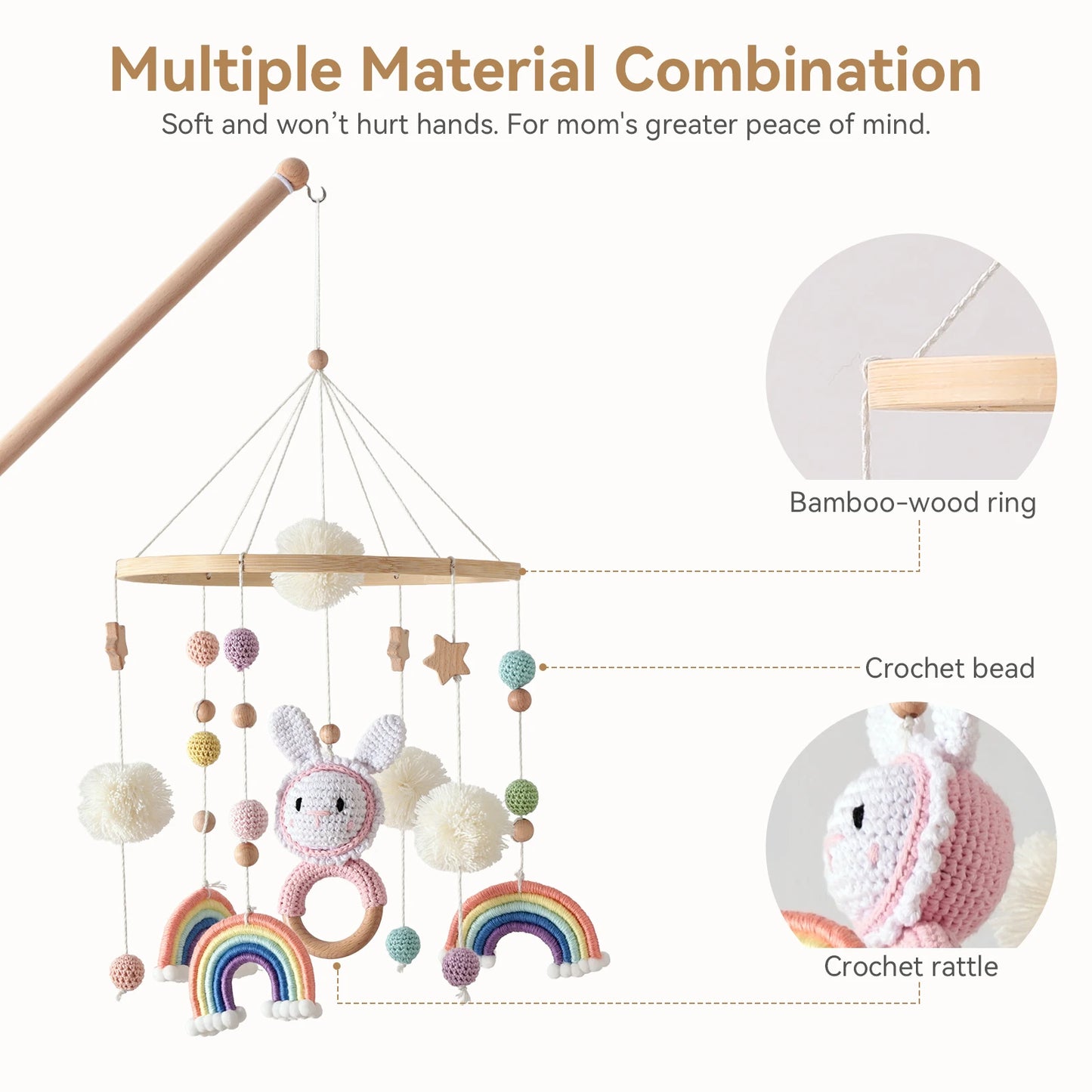 Baby Crib Mobile Wooden Wind Chime Bed Bell, Animal Crib Mobile With Music for Girls and Boys, Mobile for Bassinet Room Decor