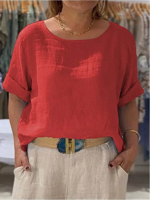 Women's Shirt Summer Fall New Solid Top Fashion Mid-sleeve O-neck Cotton Linen Button-up Casual Loose Shirts For Women Clothing - AIAZ