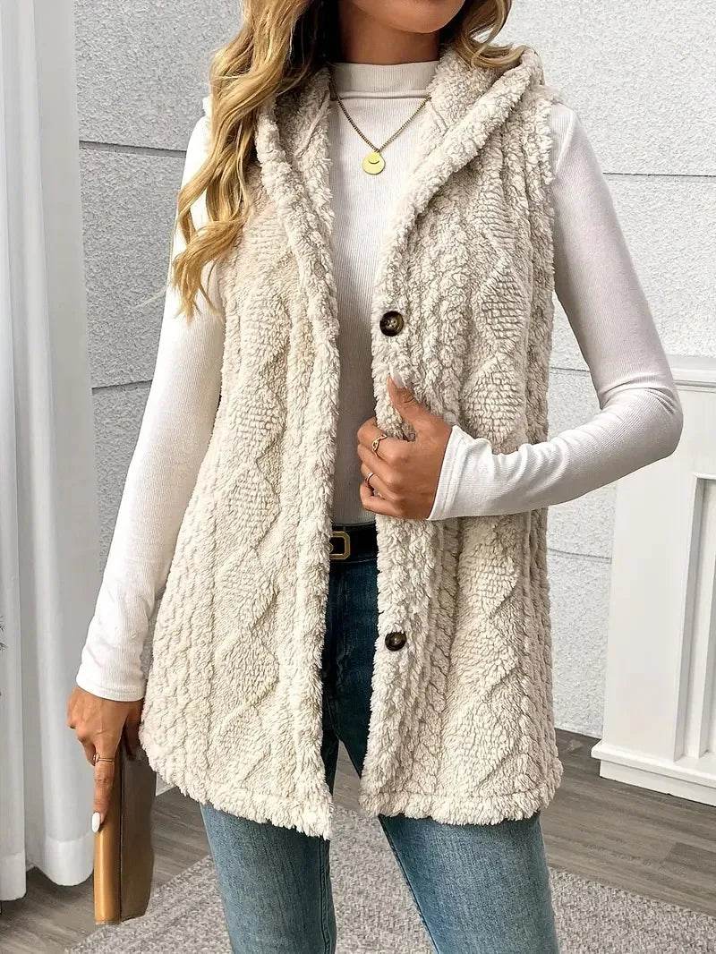 VigoCasey 2025 Casual Sleeveless Thick Vest Coat Woman Solid Hooded Warm Plush Waistcoat Lady Autumn Winter Apricot Vest Jacket - AIAZ