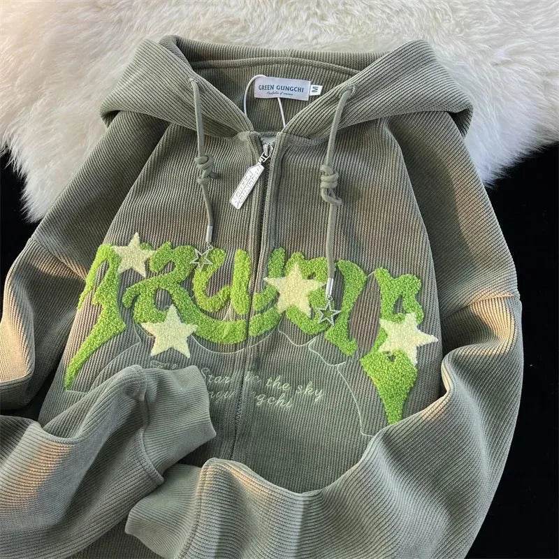 Fashion Embroidery Zip Up Hoodies Women Autumn Long Sleeve Tops Loose Hood Shirt Harajuku Y2K Clothes Female Sweatshirt Jacket - AIAZ