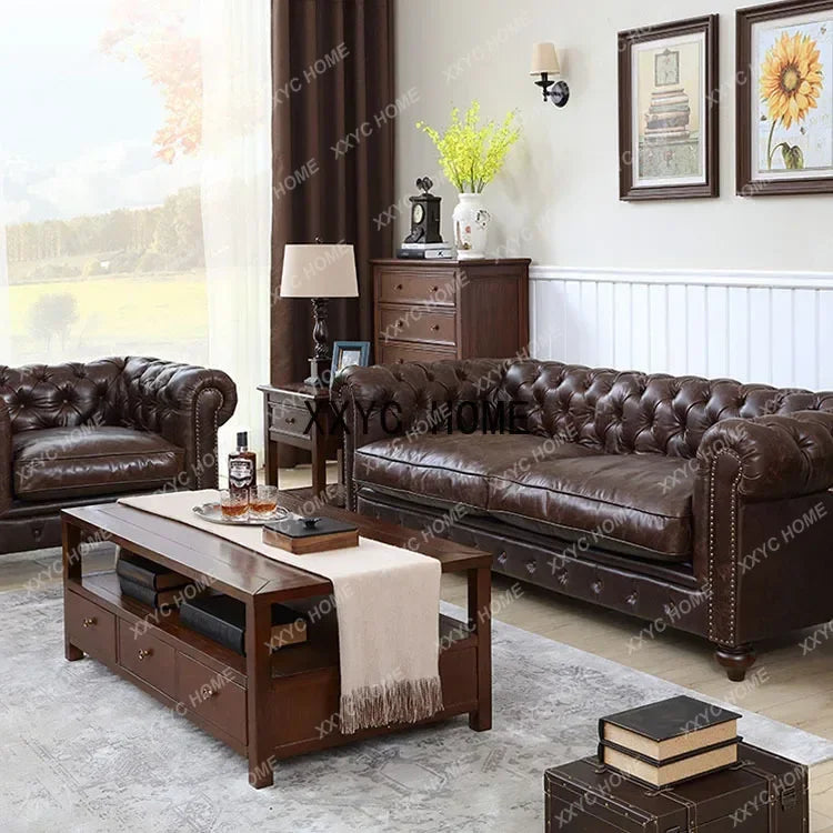 Imitation Oil Wax Leather Vintage Style Roll Arm Chesterfield Sofa Living Room Furniture de Salon