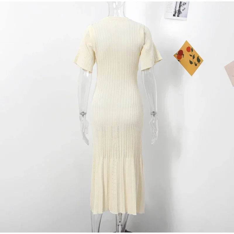 Elegant Knit Dress For Women White Slim O-neck Single Breasted Short Sleeve Long Dresses Female 2025 Spring Fashion Lady Robe - AIAZ