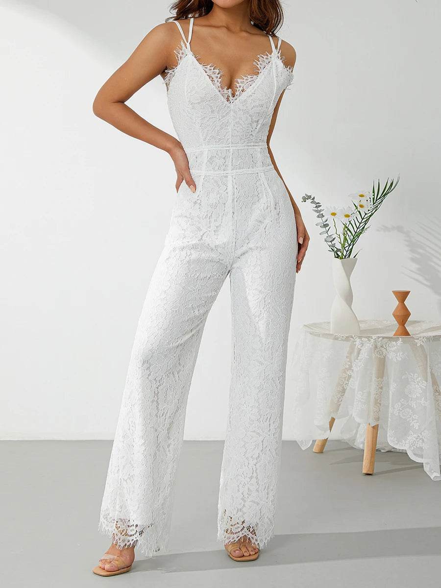 Elegant Women Jumpsuit Spaghetti Straps V Neck Solid Color Lace Open Back Wide-leg Jumpsuits Long Playsuit Streetwear Y2k Summer - AIAZ