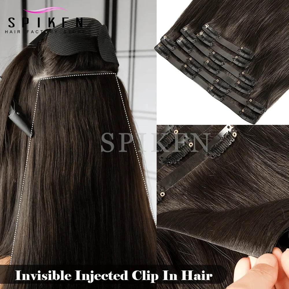 Invisible PU Clip ins Extensions 100-120g 7pcs/set Clip in Human Hair Chocolate Brown Straight Machine Remy Hair Pieces Clip On - AIAZ