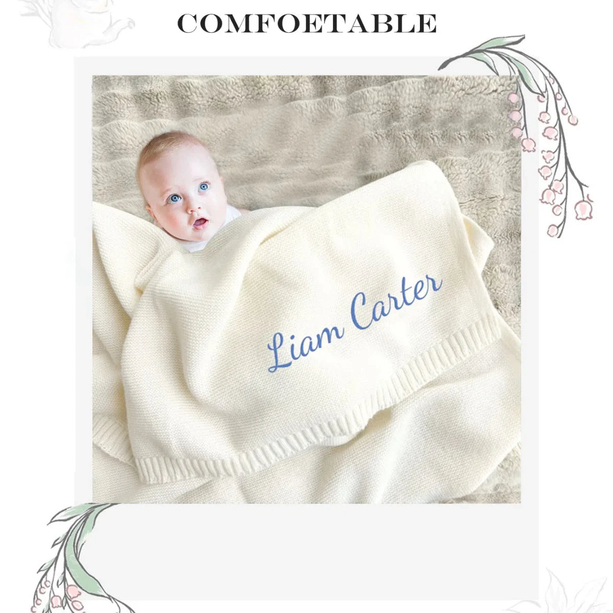 Personalized Custom name letter Embroidered Newborn Nursery Baby Cotoon Knit Blanket Chunky Handmade Gifts for Boy Girl Birthday