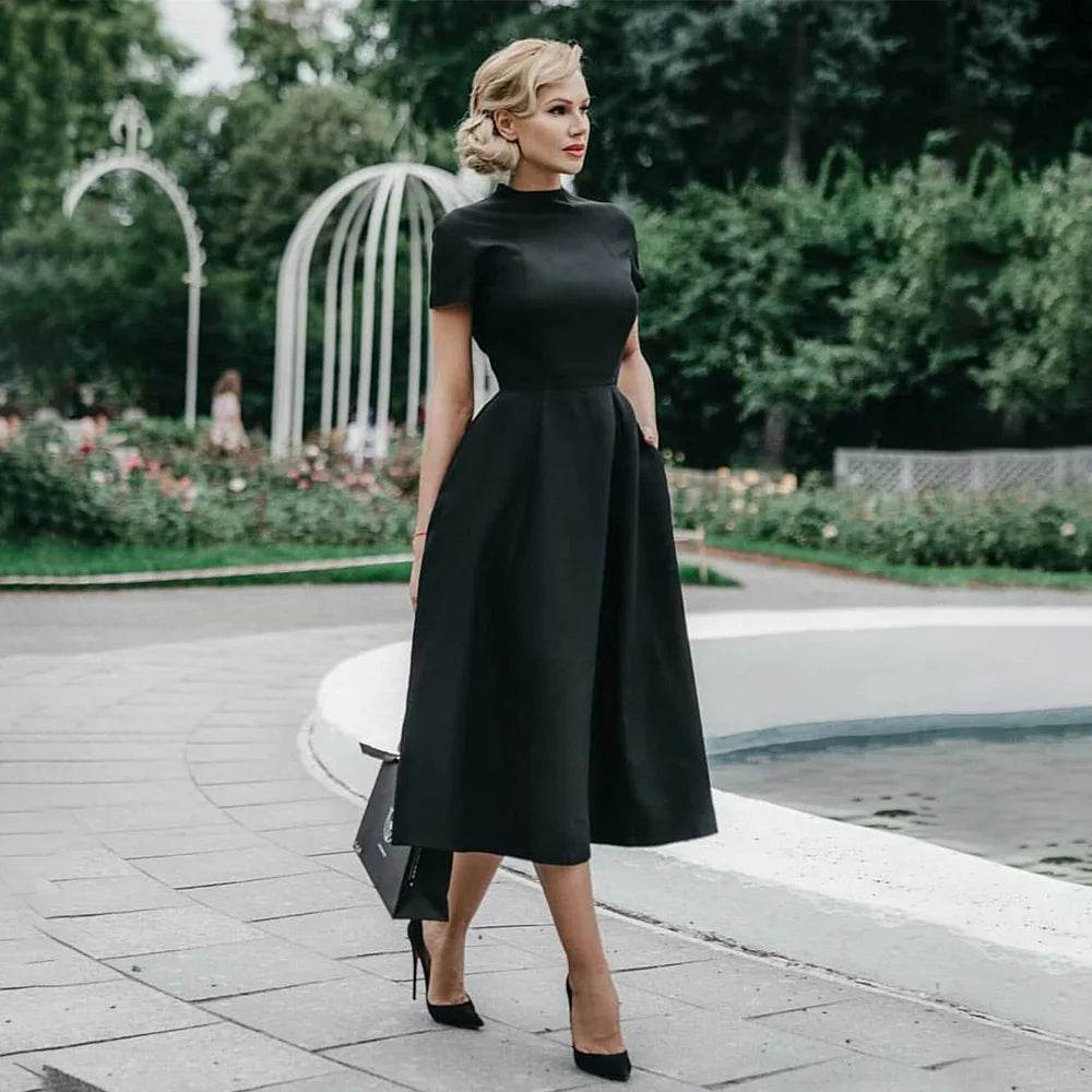 2022 Women Elegant Black Dress Half High Collar High Waist A-Line Dresses Slim Fit Midi Dress Office Lady Female Solid Vestidos - AIAZ