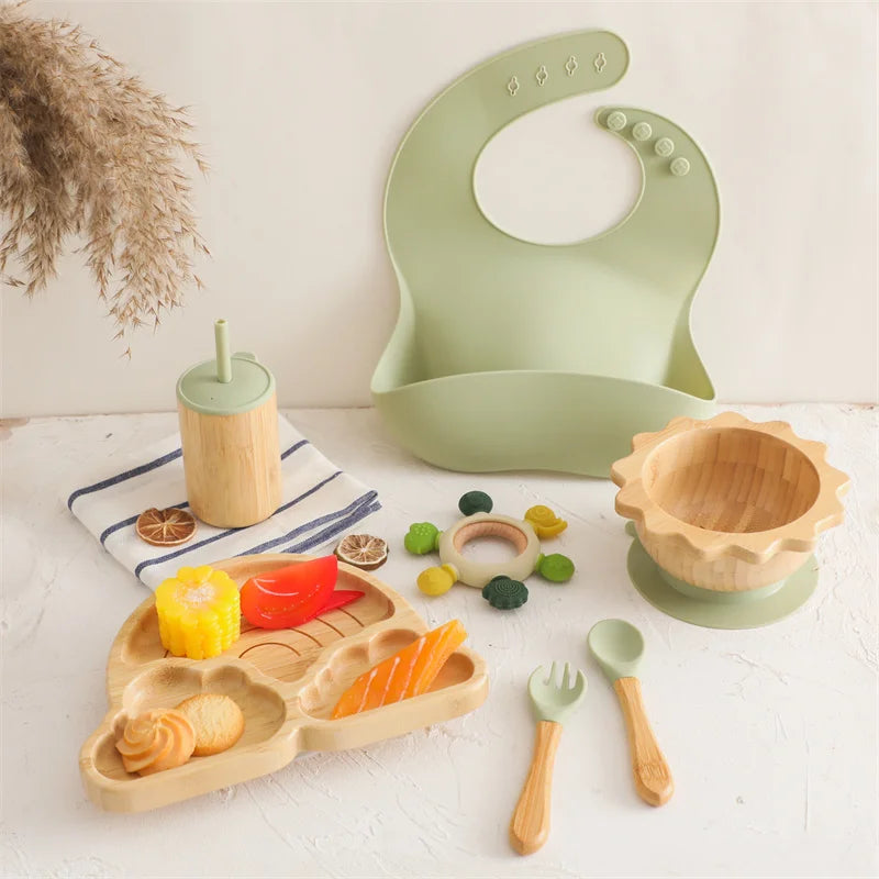 7pcs Silicone Baby Feeding Set Baby Feeding Supplies Kids Bamboo Dinnerware With Cup Children's Dishes Bowl Stuff Tableware Gift