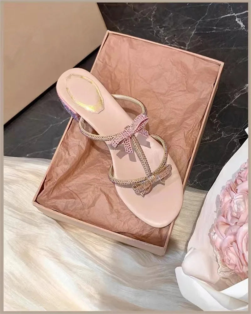 Hlieny Silver Crystal Bowknot Slipper Summer Outdoor Sandal Women Square Low Heel Beach Slip On Flip Flop Slides Shoes Size 40