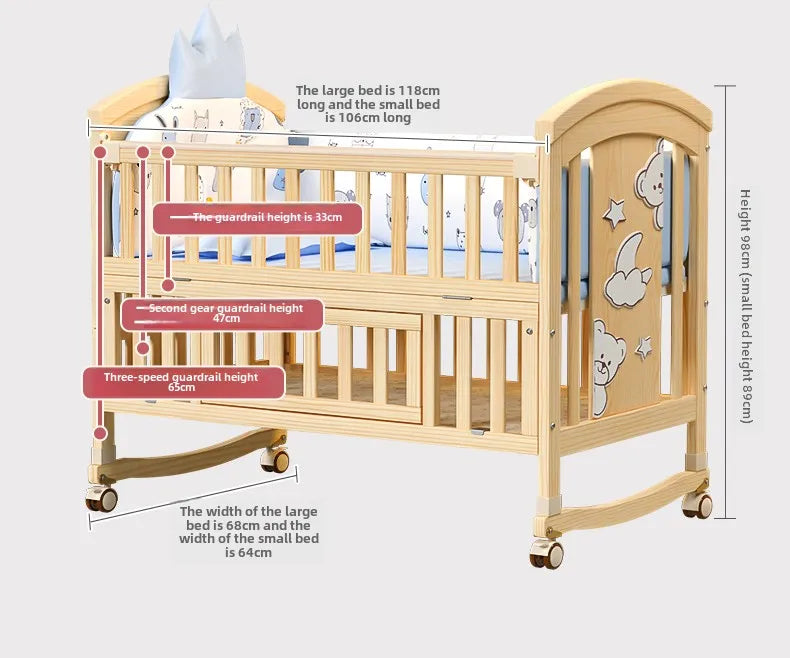 Crib Solid wood newborn baby cradle Multifunctional paint-free movable children's splicing bed air mattress 103 cm long