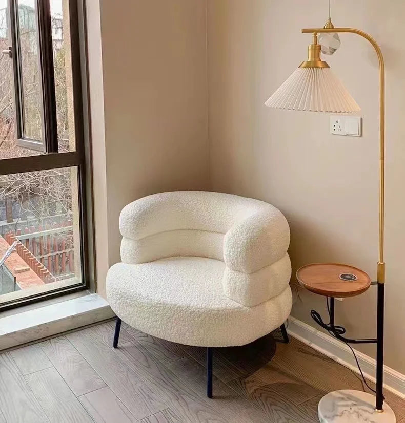 Lambswool BOBO Armchair Embracing Backrest Sofa Chair  Retro Wave Lounge Chair  Comfortable Bedroom Vanity Chair