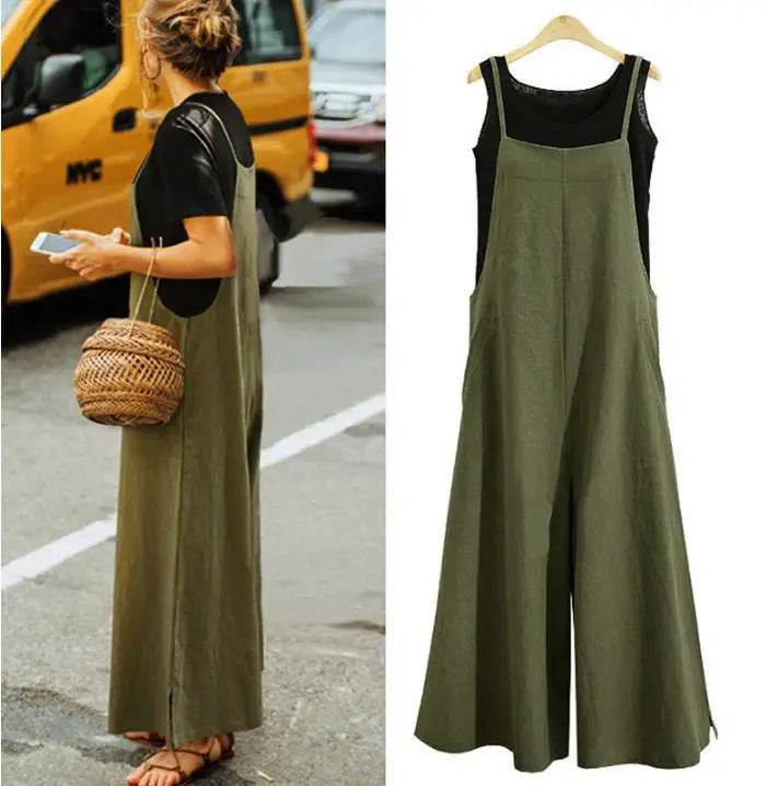 Women Straps Jumpsuit Summer Solid Color Wide Leg Pants Dungaree Bib Overalls Casual Loose Sleeveless Cotton Linen Jumpsuits 5Xl - AIAZ
