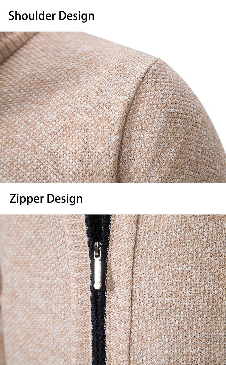Autumn And Winter New Jersey Men's Casual Sports Coat Solid Color Stand Collar Wweater Grab Fleece Warm Zipper Cardigan - AIAZ