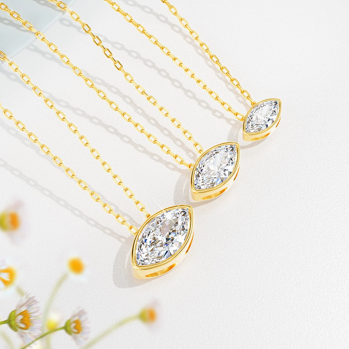 100% 14K Gold Marquise Cut Moissanite Pendant Necklace for Women Wedding Solitaire Choker Minimalist Luxury Collarbone Chain