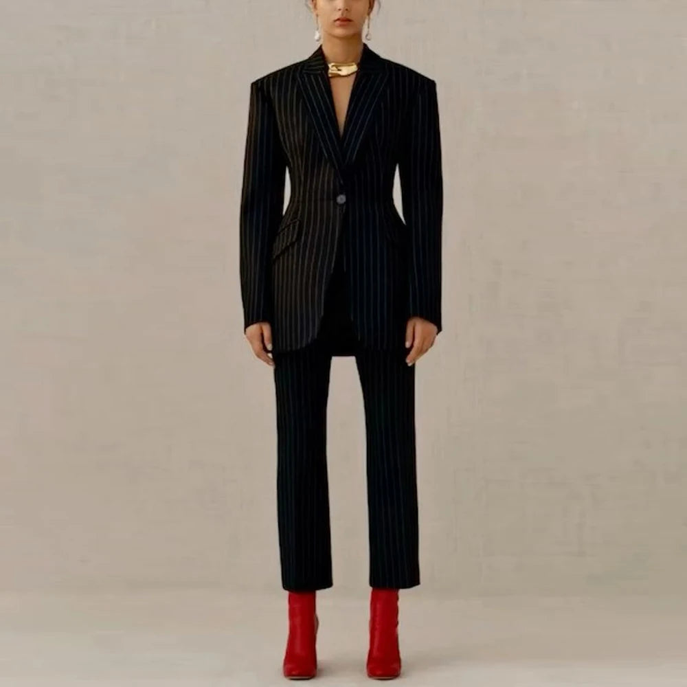 Vintage Stripe two Pieces Suit Set for Women One Button Peak Lapel Jacket Pant Set Slim Fit Office Business Female Clothing