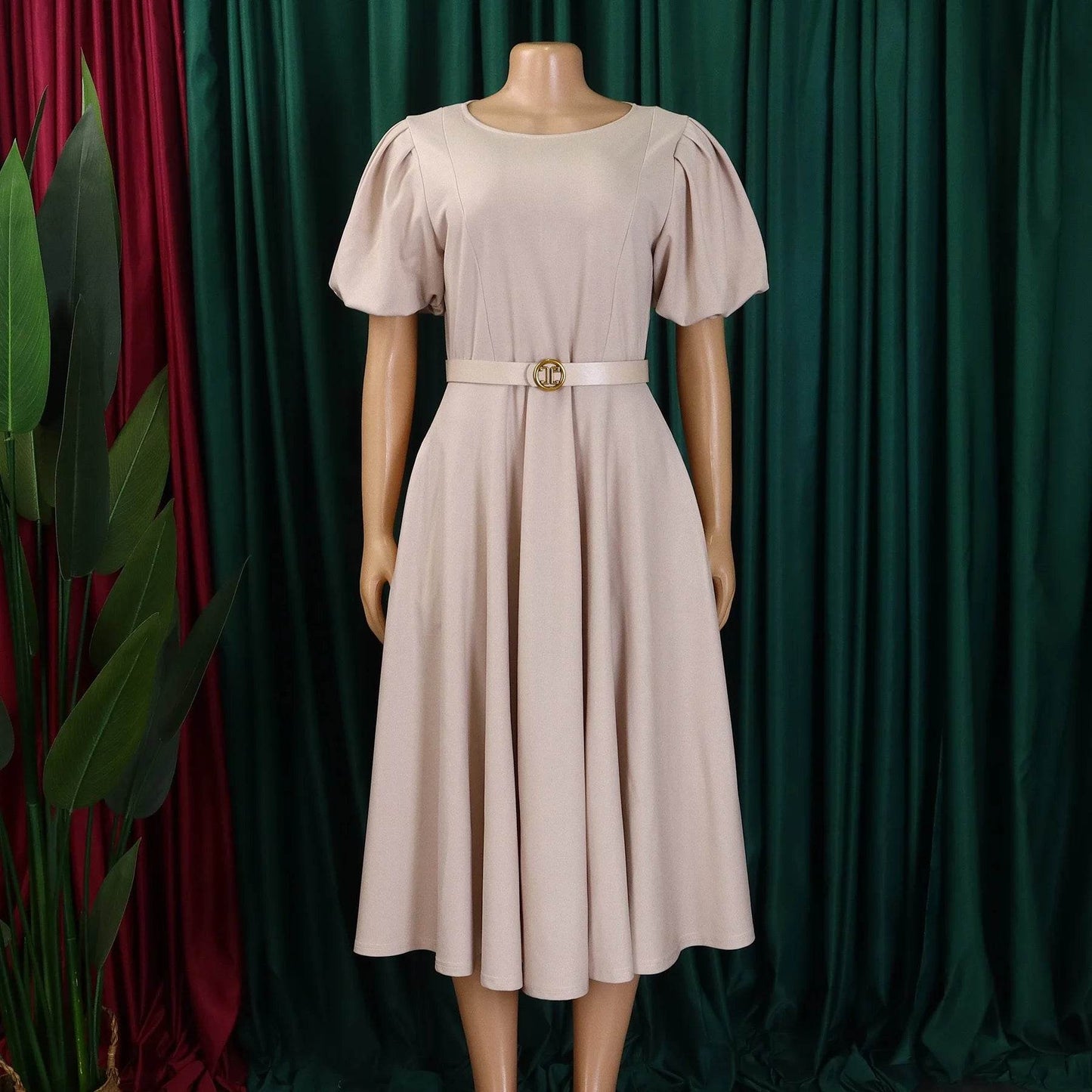 Elegant Office Dress for Women Professional O Neck Short Sleeve Belt Waisted A Line Mid Calf Formal Business Work Dress Midi New - AIAZ