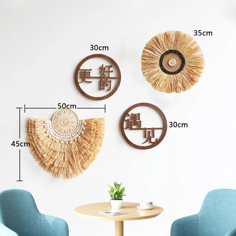 Bohemian Wall Decorations, Woven Grass and Rattan Wall Ornaments, Wall Decorations for Restaurant Background Walls