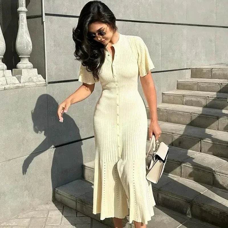 Elegant Knit Dress For Women White Slim O-neck Single Breasted Short Sleeve Long Dresses Female 2025 Spring Fashion Lady Robe - AIAZ