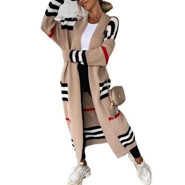 Women Sweater Spring Autumn Cardigan Coats Casual Stripes Knitted Cardigan Clothes Women Oversized Cardigan Long Sweater Coat - AIAZ
