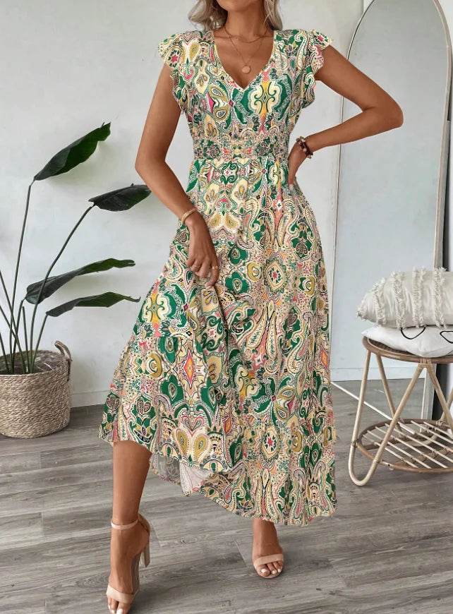 new dresses 2025 woman vestidos para mujer vintage dress Printed V-neck fashion dress Loose ruffle long dresses - AIAZ